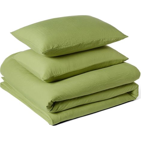 Parure de Lit 2 Personnes 3 Pièces en Microfibre Prélavée, Extra Douce avec Effet Froissé Naturel, Sans Repassage, Housse de Couette 240 x 220 cm et 2 Taies d'oreiller 50 x 80 cm, Vert (1/5)