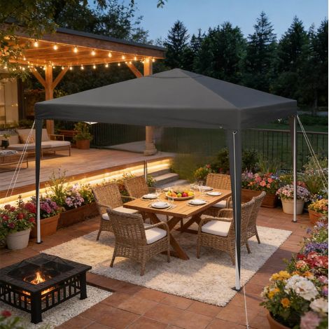 Pavillon de jardin 3x3 m anthracite en acier et toile Oxford avec hauteur réglable et housse de transport (1/4)