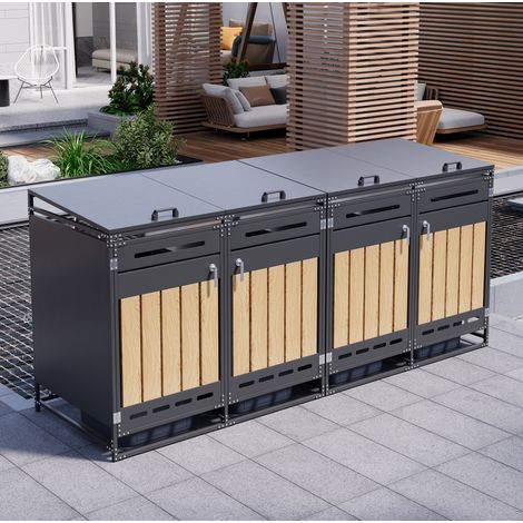 Abri pour poubelles 4 compartiments avec couvercle hydraulique, métal noir, 262 x 79 x 116 cm (1/5)