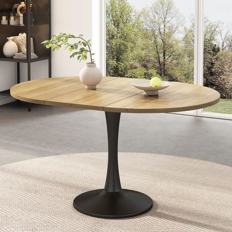 Mesa de comedor extensible ovalada 100/140 x 100 x 75 cm en MDF y metal, acabado madera clara, para salón y cocina, diseño moderno para espacios pequeños – CHICFURN (1/5)