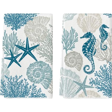 Ensemble De 2 Torchons De Cuisine Légers avec Étoiles De Mer Corail Et Hippocampes Estivaux, Serviettes, Décoration Saisonnière D'été, Lot de 40 X 60 Cm (1/5)