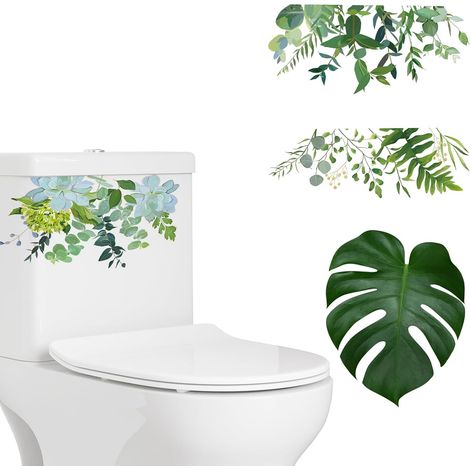 4 autocollants muraux plantes vertes, décoratifs pour abattant WC/salle de bain