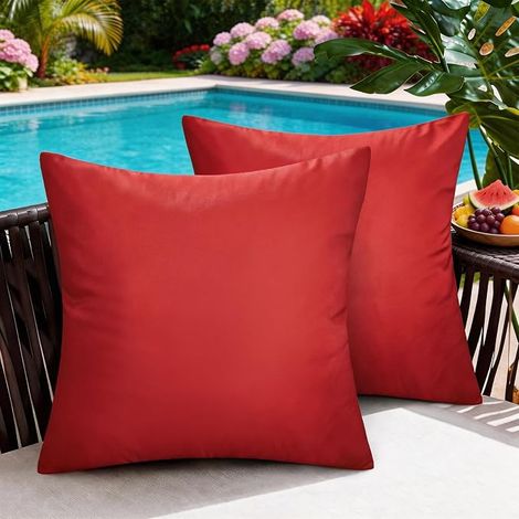 Outdoor Cushion Cover 45 x 45 cm in Modern Design, Pack of 2, Bright Red for a Warm Atmosphere, Decorative for Garden, Terrace and Balcony, Waterproof Fabric and Soft to the Matte Touch (1/4)
