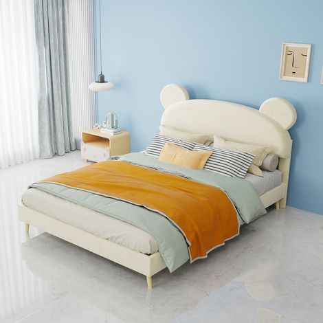 Cama tapizada minimalista moderna con cabecero de felpa con motivos de dibujos animados, 140x200 cm, color beige, mueble de dormitorio multifuncional, base sólida de perfil bajo (diseño sin almacenami (1/5)