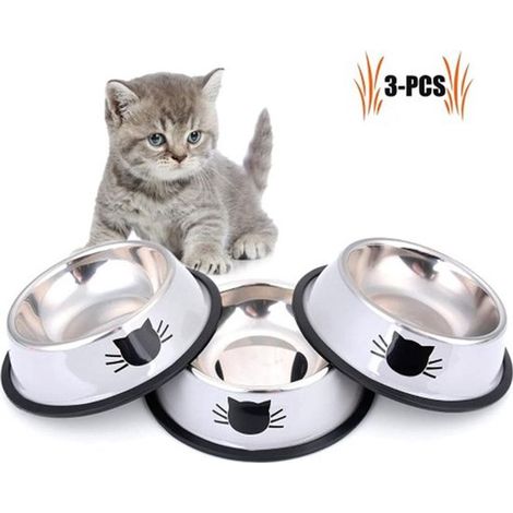 Comederos para gatos，juego de 3 comederos antideslizantes de acero inoxidable，Juego de comederos para gatos，Comedero para gatos