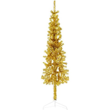 Un demi-sapin de Noël artificiel et élancé, avec un socle doré, de 120 cm de long. (1/5)