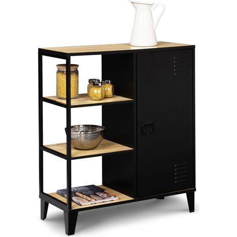 Beistellbuffet mit 3 Regalen und Schrank aus schwarzem Metall und Holzplatte 70 cm ESTER Industriedesign (1/5)