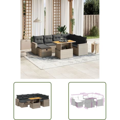 The Living Store 8-tlg. Garten-Sofagarnitur mit Kissen Grau Poly Rattan - Gartenmöbel Set - PE-Rattan Möbel - Outdoor Lounge - Gartenlounge - Terrassenmöbel
