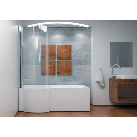 ECOLAM Duschbadewanne Inspiro 150x70 cm LINKS + Schürze Set Badewanne + Badewannenabtrennung Glas Duschwand raumsparende Eckbadewanne Ablaufgarnitur Füße Silikon Acryl weiß