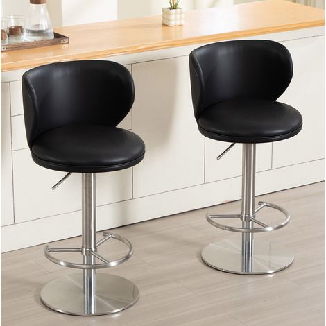 Tabouret de bar en cuir noir, structure en acier inoxydable titane noir, dossier incurvé, pivotant à 360°, hauteur réglable de 58 à 83 cm – de FLORAGRACE (1/5)