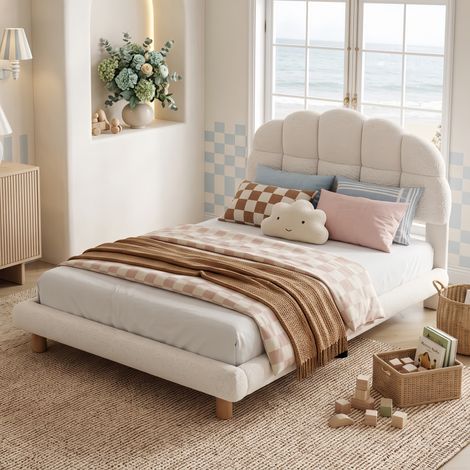Lit enfant capitonné 90x190 cm tissu bouclé Peluche blanc - lit simple avec sommier lattes - style château princesse