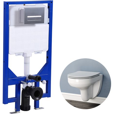 Rimless Wall Hung Toilet with 1.14M Concealed Cistern Frame Round WC pan UF Soft Close Seat white