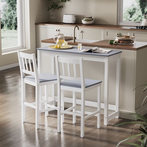 ELEGANT Dining Bar Set - 1 Table and 2 Chairs Solid Wooden Bar Table Set for Dining Room 1170 x 590 x 195mm, Grey/White Natural Pine