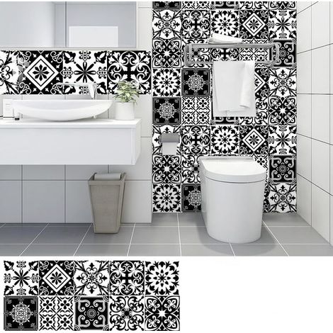 10pcs Fleurs Noires Autocollants Carrelage Cuisine Et Salle De Bain, Adhesif Pour Carrelage Mural, Imitation Faience,Décoration Murale Pvc Imperméable15X15Cm (1/2)