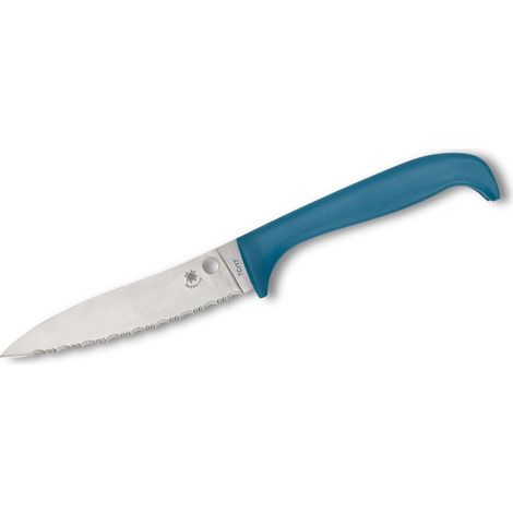 Spyderco STE-K20SBL Küchenmesser Counter Puppy blaue Klinge Drop Point gezahnte Klinge SpyderEdge satiniert, 7Cr17 Stahl 8,8 cm lang mit blauem Kunststoffgriff