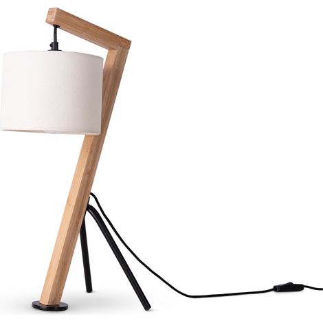 Paco Home Stehlampe Tischlampe Wohnzimmer Lampenschirm Leselampe Nachttischlampe Galgen Tischleuchte - Bambus, Weiß (Ø16cm)
