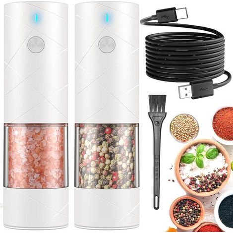 Set di macinapepe e sale elettrico, confezione da 2 macinapepe USB, luce LED calda, diverse velocità, grande, per sala da pranzo, per esterni, bianco, facile da riempire, cucina moderna (1/5)