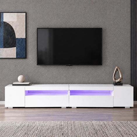 Meuble TV moderne avec éclairage LED, Banc TV extra long pour salon et salle à manger, MDF finition satinée 240x38.5x35.5cm, Blanc (1/5)