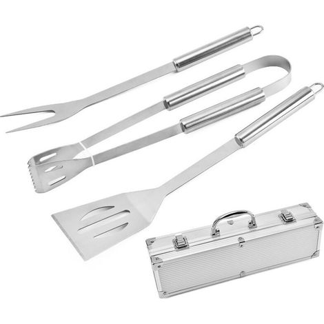 Set da barbecue in 3 pezzi, utensili per barbecue, attrezzatura per barbecue da esterno, set da barbecue con scatola in alluminio (1/4)