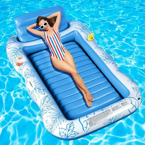 Matelas Gonflable Piscine, Gonflable Tanning Pool Flotteur de Piscine pour Adultes pour Bain de Soleil, Piscine Gonflable Hamac avec Porte-gobelet, Piscine Bronzage pour Adultes (Bleu) (1/5)