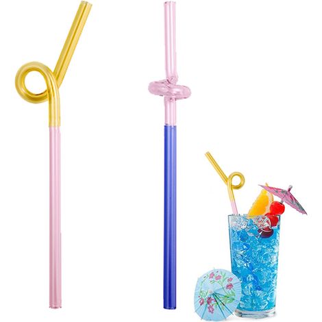Juego de 2 pajitas curvas de vidrio de borosilicato, multicolores, para batidos y bebidas. (1/5)