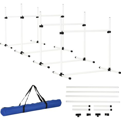 Lot de 4 obstacles d'agility chien réglables en hauteur avec sac de transport inclus, 99x65x94cm, blanc