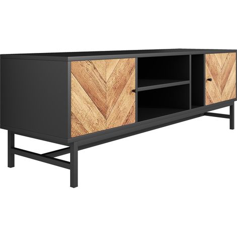 Meuble TV 150 cm en noir et bois avec rangements variés et pieds métalliques robustes (1/5)