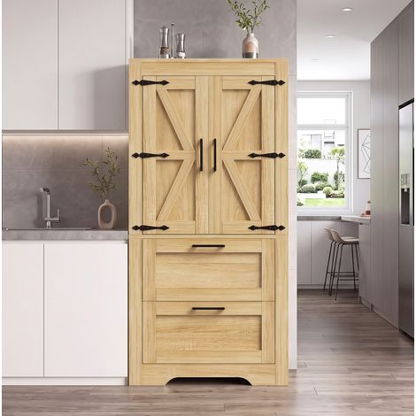 Buffet de cuisine style campagne avec 2 tiroirs et étagères réglables, naturel, OKWISH (1/5)