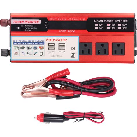 Convertisseur 2000W à onde sinusoïdale modifiée, 4 ports USB, 3 prises, écran LCD numérique, fiche US AC110V 24V (1/5)