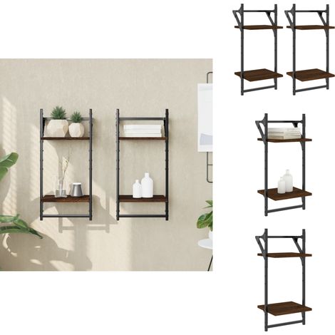Wandregale mit 2 Ablagen & Stangen 2 Stk. Braun Eichen-Optik - Wandregal - Holzregal - Eiche Optik - Wohnraumdeko - Regalset (1/5)