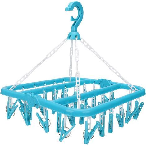 Underwear Hanger with 32 Clips, Hanging Clothes Drying Rack, Foldable Plastic Clothespin, Drip Drying Hanger for Socks, Bras, Lingerie (Blue) (1/5)