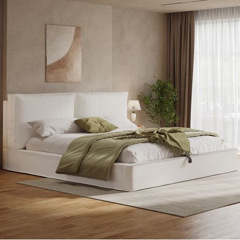 Lit double 180 x 200 cm avec rangement hydraulique, sommier, tête de lit, beige bouclé, REDOM (1/5)