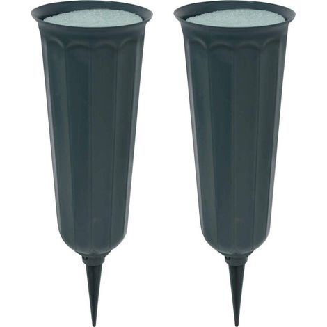 Set aus 2 Friedhofsvasen mit Erdspießen, Blumenvasen aus Kunststoff, Friedhofsdekorationen, Trauerblumenhalter, Gedenkblumenvasen (grün)