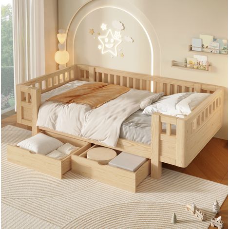 Cama infantil 90 x 200 cm con 2 grandes cajones, gran barrera, color madera OKMYHOME (1/5)