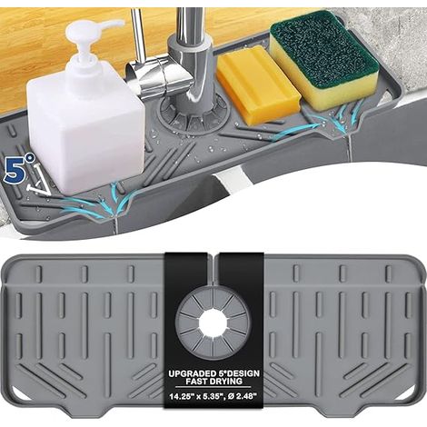 Sollbry Tapis de plateau anti-goutte en silicone avec poignée de robinet, porte-éponge pour savon à vaisselle pour accessoires d'évier de cuisine, tapis de séchage pour comptoir de cuisine (gris) (1/5)