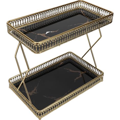 Platzsparendes Badezimmer-Ablageregal aus Eisen und Glas mit 2 Ebenen für Kosmetik und Parfüm, schwarz mit goldenen Mustern (1/5)