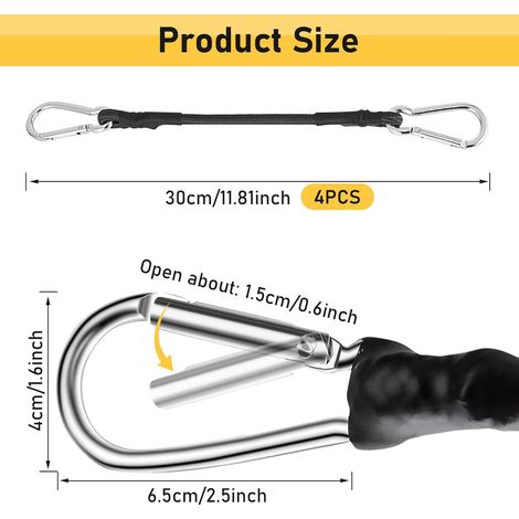 Corda elastica con gancio, corda elastica con moschettone, corda elastica con cinghia per tenda, bagaglio, tela, ombrello, bicicletta, nero (4 pezzi da 30 cm) (1/4)