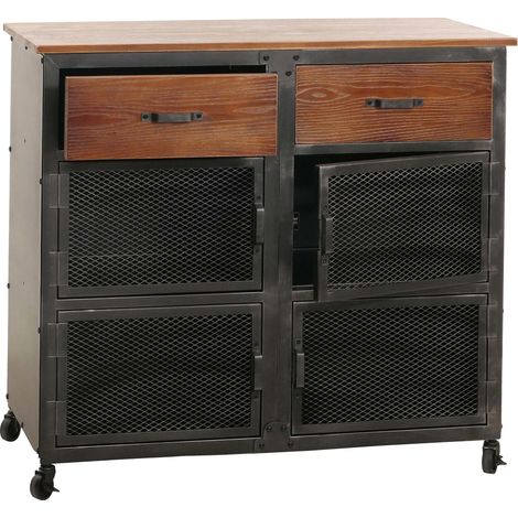 Commode HWC-N28, armoire, roulettes 2 tiroirs, structure 3D industrielle rétro métal bois 90x100x40cm - noir, marron