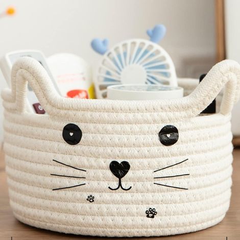 Kleiner, geflochtener Korb mit Katzenohren, 12 x 24 cm, weiß, aus Baumwollseil, dekorativ für Kinder