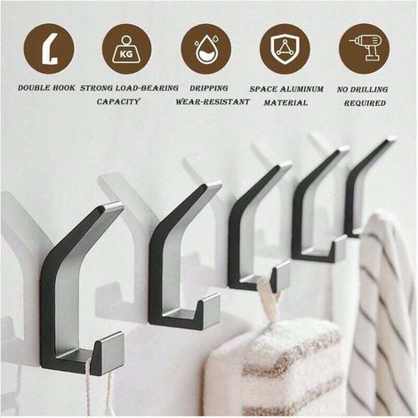 pair Crochets muraux à coller, porte-serviettes salle de bain 6 pièces, crochets pour montage mural sans perçage, patères sans perçage, inoxydable, aluminium, mat (1/4)