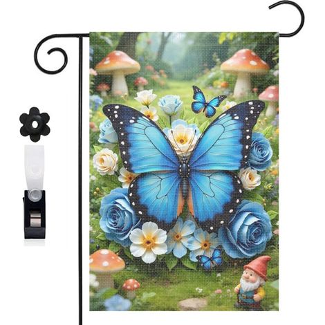Drapeau de jardin Welcome et composition florale bleue 30 x 45 cm décoration terrasse et extérieur (1/5)