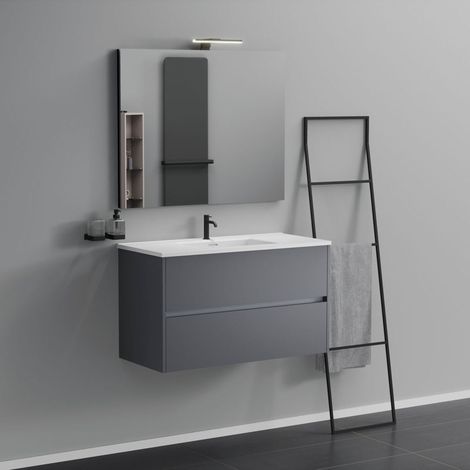 Inda - Badezimmerschrank 2 Schubladen L.100 mit Waschbecken, Spiegel und Lampe – Mattiertes Titan