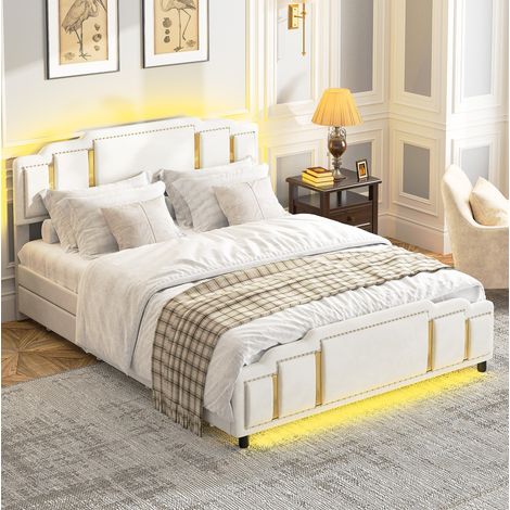 Letto matrimoniale 140x200 cm beige con LED e 4 cassetti, velluto, senza materasso MEUBLIV (1/5)