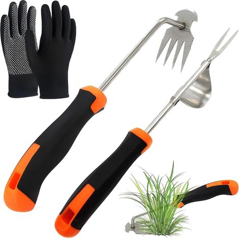 2 Pièces Désherbeur Manuel Acier Inoxydable, Arrache Mauvaise Herbe, Outil De Désherbage Manuel avec Poignée en Caoutchouc et Gants, Arrache Pissenlit pour Creuser Désherber Ameublir (1/5)