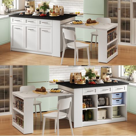 Îlot de cuisine multifonctionnel avec table extensible, placage marbre, placards de rangement intégrés, blanc/noir, 150x90x90cm (1/5)
