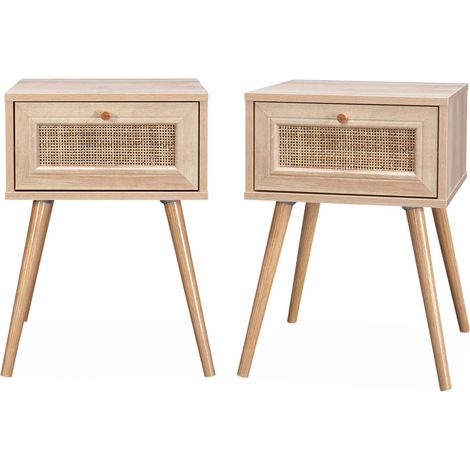 Pair of woven rattan bedside tables with drawer, Boheme, Natural, 39x39x55.4 cm
