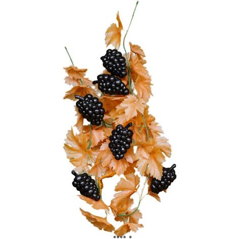Guirlande de Vigne Automnale 2m avec 6 Grappes de Raisins Noirs et Feuillage Dense