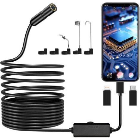 Cámara endoscópica, cámara de inspección de tuberías HD 1920P, cámara endoscópica IP67 con 8 luces LED y cable semirrígido de 5 m para iPhone iOS, iPad y teléfonos inteligentes Android. (1/5)