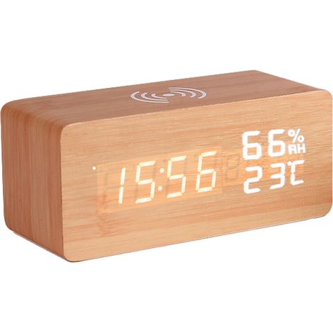 Horloge en bois à chargement sans fil - Lettres blanches en bambou - Version température et humidité (1/5)