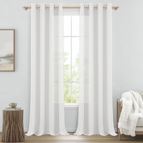 Rideau Voilage Fenetre Salon Blanc Lot de 2 Panneaux de Rideaux Chambre Adulte Intérieurs Rideau Voile Effet Lin Semi-Transparent à Oeillets pour Baie Vitrée Salle a Manger 140x245cm (1/5)